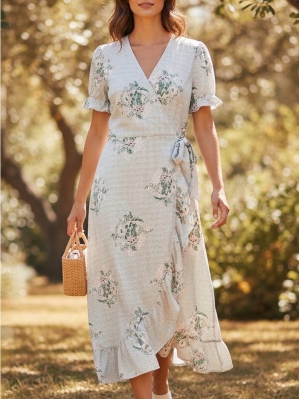 LOFT faux wrap linen blend floral midi dress